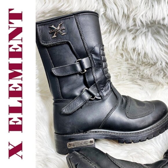 X ELEMENT Men's Black Leather Steel Toe Oil Resistant Moto Work Boots, Size 9 - Picture 2 of 14